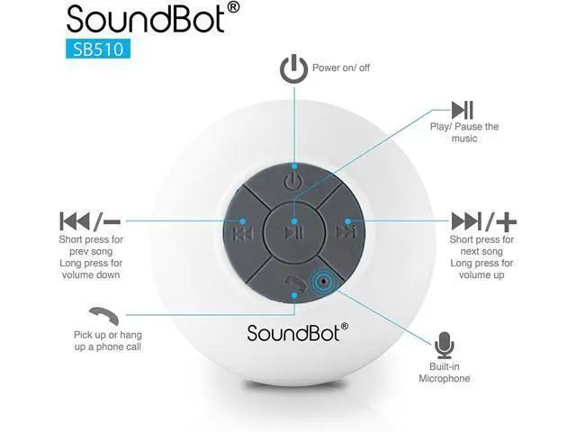 Alt view image 3 of 7 - Soundbot SB510 HD Water Resistant Bluetooth Shower Speaker, Handsfree Portable Speakerphone with Built-in Mic, 6hrs of Playtime, Control Buttons and Dedicated Suction Cup for Showers (White)