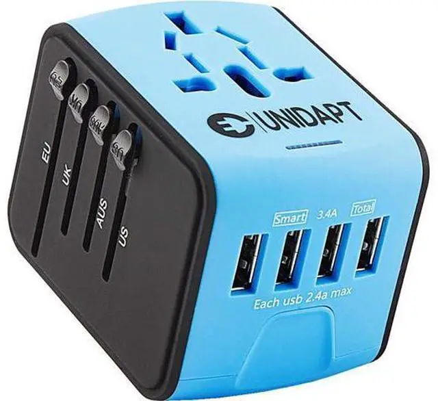 Main image of Unidapt Universal Travel Adapter, International Plug Adapter Fast 2,4A 4-USB European Power Plug, AC Wall Charger Worldwide Outlet for Europe US USA UK EU AUS, Blue