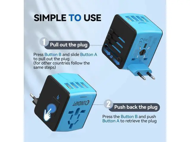 Alt view image 2 of 7 - Unidapt Universal Travel Adapter, International Plug Adapter Fast 2,4A 4-USB European Power Plug, AC Wall Charger Worldwide Outlet for Europe US USA UK EU AUS, Blue