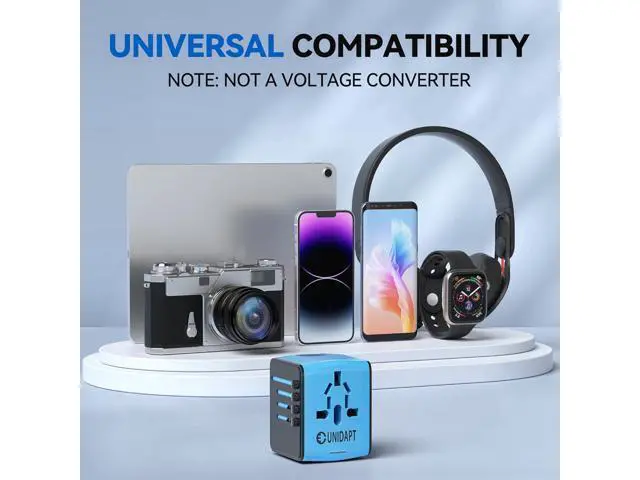 Alt view image 6 of 7 - Unidapt Universal Travel Adapter, International Plug Adapter Fast 2,4A 4-USB European Power Plug, AC Wall Charger Worldwide Outlet for Europe US USA UK EU AUS, Blue