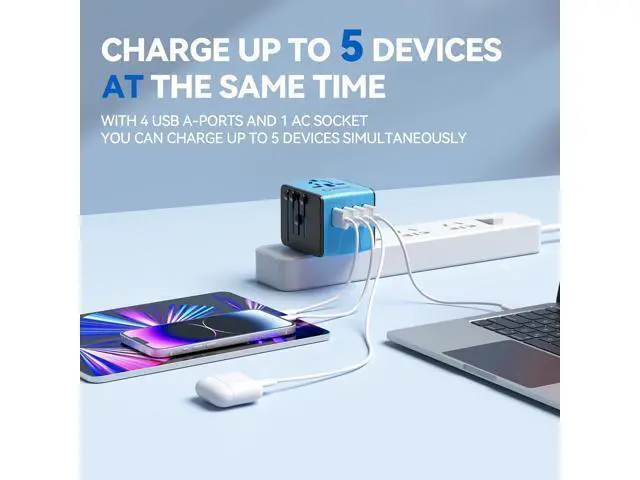 Alt view image 5 of 7 - Unidapt Universal Travel Adapter, International Plug Adapter Fast 2,4A 4-USB European Power Plug, AC Wall Charger Worldwide Outlet for Europe US USA UK EU AUS, Blue