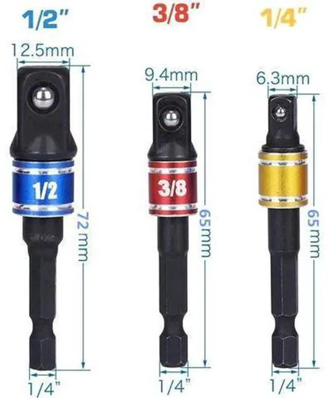 Alt view image 3 of 7 - Impact Grade Driver Sockets Adapter Extension Set Drill Bit 3Pcs 1/4 3/8 1/2" Universal Socket Adapter Set and Right Angle Drill 105 Degree Right Angle Screwdriver set Drill Hex Bit Socket Adapter