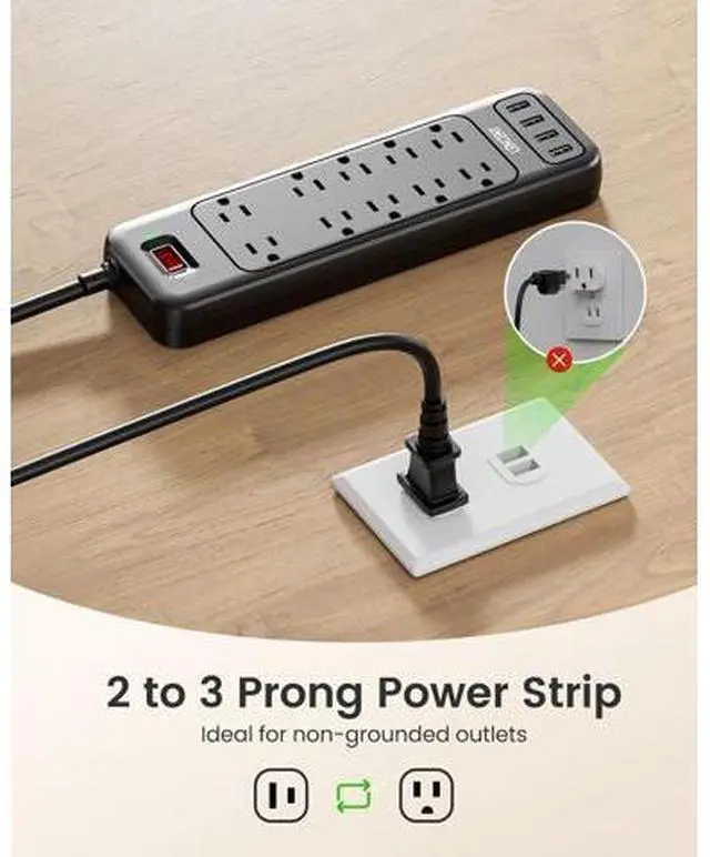 Alt view image 2 of 7 - LENCENT 2 Prong Power Strip, Polarized 3 Prong to 2 Prong Outlet Adapter, 1700J Surge Protector, 6ft Extension Cord, 10 AC Outlets & 4 USB(5V 3.4A Max), Wall Mountable, Ideal for Non-Grounded Outlets