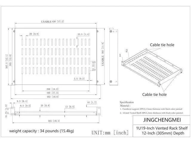 Alt view image 4 of 6 - Jingchengmei 1U Disassembled Vented Cantilever Server Rack Mount Shelf 12"(305mm) Depth for 19-Inch Network/AV Equipment Rack and Cabinet(1U12V)