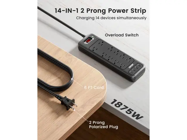 Alt view image 3 of 7 - LENCENT 2 Prong Power Strip, Polarized 3 Prong to 2 Prong Outlet Adapter, 1700J Surge Protector, 6ft Extension Cord, 10 AC Outlets & 4 USB(5V 3.4A Max), Wall Mountable, Ideal for Non-Grounded Outlets
