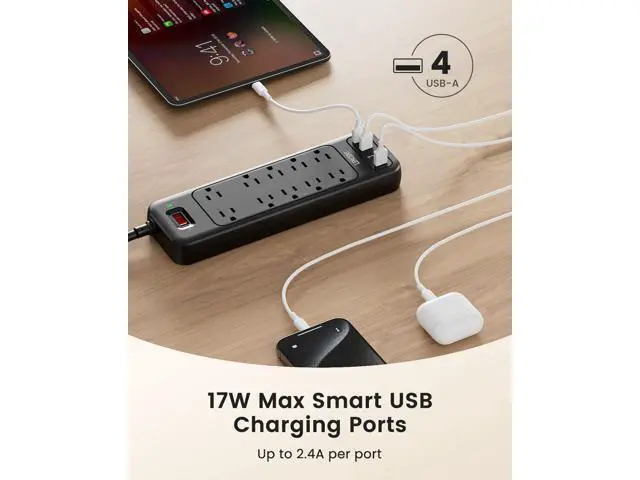 Alt view image 6 of 7 - LENCENT 2 Prong Power Strip, Polarized 3 Prong to 2 Prong Outlet Adapter, 1700J Surge Protector, 6ft Extension Cord, 10 AC Outlets & 4 USB(5V 3.4A Max), Wall Mountable, Ideal for Non-Grounded Outlets