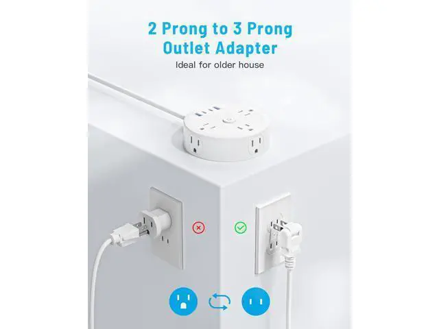 Alt view image 4 of 5 - 10FT 2 Prong Power Strip, Yozisital 2 Prong to 3 Prong Outlet Adapter, Flat Extension Cord, Surge Protector with Rotating Plug, 6 Outlets 4 USB(2 USB C), Wall Mount, Ideal for Non-Grounded Outlets