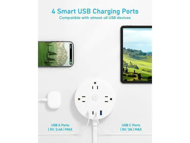 Alt view image 5 of 5 - 10FT 2 Prong Power Strip, Yozisital 2 Prong to 3 Prong Outlet Adapter, Flat Extension Cord, Surge Protector with Rotating Plug, 6 Outlets 4 USB(2 USB C), Wall Mount, Ideal for Non-Grounded Outlets