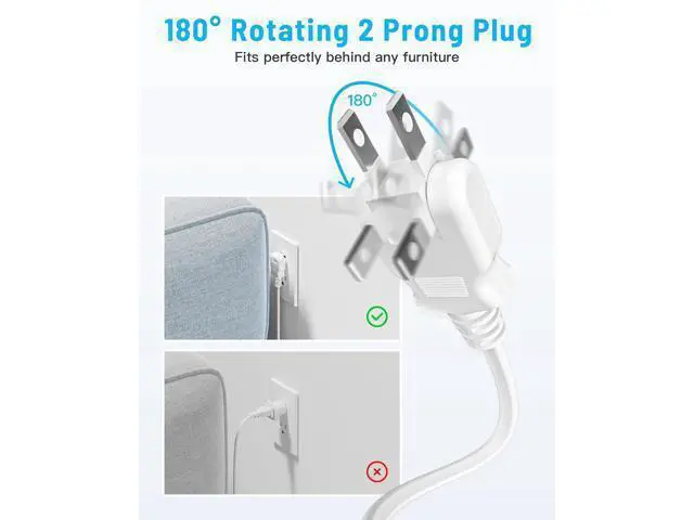 Alt view image 3 of 5 - 10FT 2 Prong Power Strip, Yozisital 2 Prong to 3 Prong Outlet Adapter, Flat Extension Cord, Surge Protector with Rotating Plug, 6 Outlets 4 USB(2 USB C), Wall Mount, Ideal for Non-Grounded Outlets