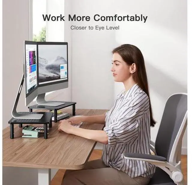 Alt view image 2 of 7 - HUANUO Monitor Stand for Desk, Computer Monitor Stand Height Adjustable, Monitor Riser for 2 Monitors, Laptop Stand for Desk, 2 Pack, Black