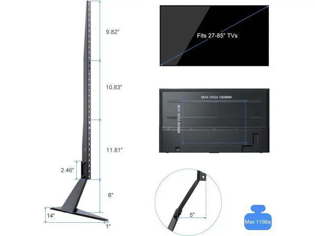 Alt view image 5 of 6 - Universal TV Stand Table Top for 27 to 85 Inch LED LCD Flat Screen TV, Height Adjustable Leg Stand Holds up to 110lbs, VESA up to 1000x800mm (ML2785)