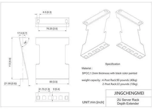 Alt view image 4 of 7 - Jingchengmei 2U Server Rack Depth Extender - 4-Inch Deep -Recessed Rack Mount Adapter Kit for Network Rack (2UEXB)