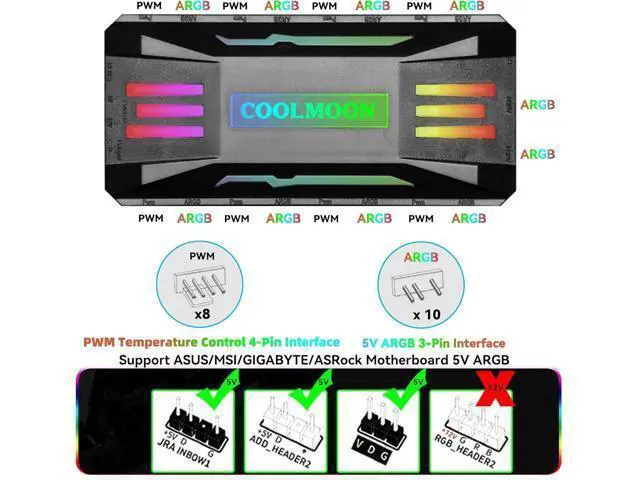 Alt view image 6 of 7 - Computer Fan Temperature ARGB Controller Integrator, Remote Control Computer ARGB Light Change Adapter, 8 PWM Fan Speed Controller Ports, 10 5V ARGB Ports with Magnet (Black