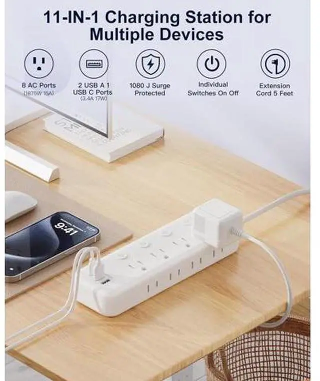 Alt view image 2 of 7 - Appliance Extension Cord with Individual Switches on Off - 5 FT, 14 Gauge Heavy Duty Extension Cord with USB Ports, 8 outlets, High Wattage for Microwave, Workbench, Kitchen, Garage Must Have