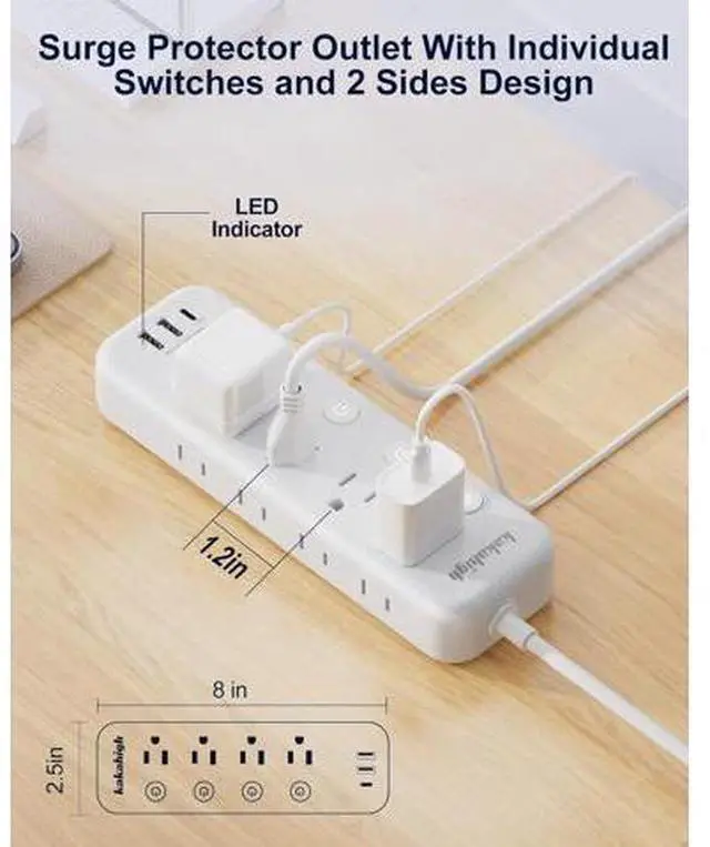Alt view image 3 of 7 - Appliance Extension Cord with Individual Switches on Off - 5 FT, 14 Gauge Heavy Duty Extension Cord with USB Ports, 8 outlets, High Wattage for Microwave, Workbench, Kitchen, Garage Must Have