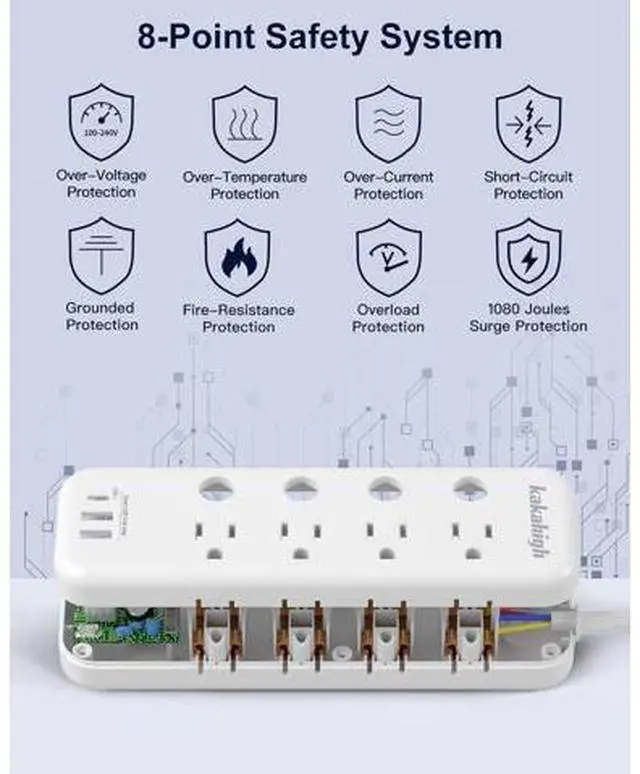 Alt view image 6 of 7 - Appliance Extension Cord with Individual Switches on Off - 5 FT, 14 Gauge Heavy Duty Extension Cord with USB Ports, 8 outlets, High Wattage for Microwave, Workbench, Kitchen, Garage Must Have