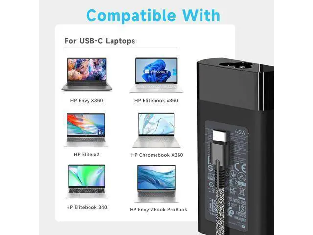 Alt view image 5 of 7 - 65W Laptop Charger for HP Envy X360 Elitebook x360 Elite x2 Chromebook X360,20V/3.25A AC Adapter for HP Chromebook Envy ZBook ProBook Type C Travel Fast Charging Laptop Power Cord Slim Tip