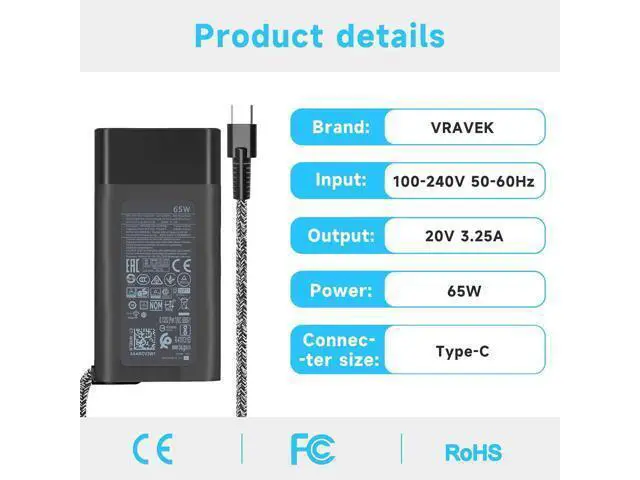 Alt view image 6 of 7 - 65W Laptop Charger for HP Envy X360 Elitebook x360 Elite x2 Chromebook X360,20V/3.25A AC Adapter for HP Chromebook Envy ZBook ProBook Type C Travel Fast Charging Laptop Power Cord Slim Tip