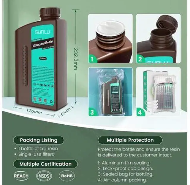 Alt view image 5 of 7 - SUNLU 3D Printer Resin 1kg, Fast Curing Standard 3D Resin for LCD DLP SLA 3D Printers, 395 to 405nm UV Curing 3D Printing Liquid Photopolymer Resin, Low Shrinkage, High Precision, 1000g, Dark Grey