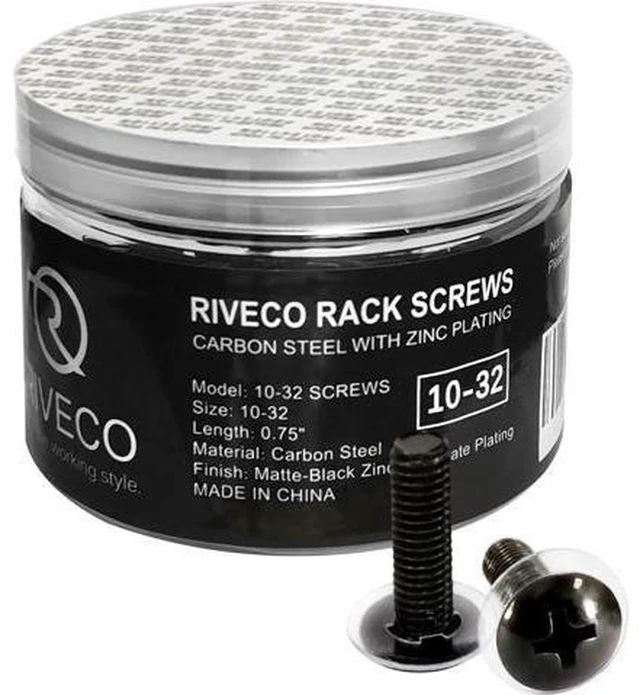 Main image of RIVECO 100PCS 10-32 Rack Screws for Server Cabinets & Racks Tapered Holes Mounting Network Equipment Audio Devices, Carbon Steel Black