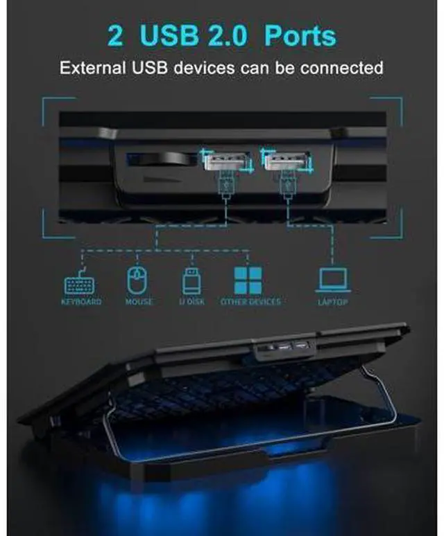 Alt view image 4 of 7 - KeiBn Laptop Cooling Pad, Gaming Laptop Cooler 2 Fans for 10-15.6 Inch Laptops, 5 Height Stands, 2 USB Ports (S039)