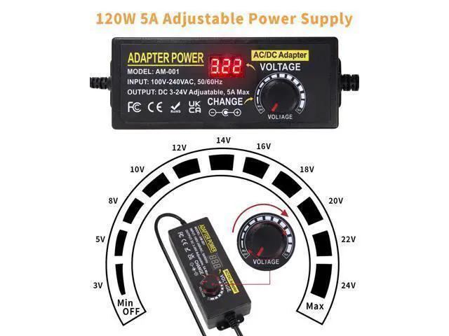 Alt view image 2 of 7 - 3V~24V 120W 5A Adjustable DC Power Supply AOYADAISU Universal Power Adapter with 14 Tips & Polarity Converter, 100-240V 50-60Hz Variable AC to DC Power Converter for LED Strip Light Camera 5000mA