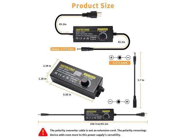 Alt view image 3 of 7 - 3V~24V 120W 5A Adjustable DC Power Supply AOYADAISU Universal Power Adapter with 14 Tips & Polarity Converter, 100-240V 50-60Hz Variable AC to DC Power Converter for LED Strip Light Camera 5000mA