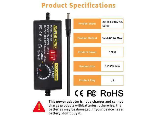 Alt view image 7 of 7 - 3V~24V 120W 5A Adjustable DC Power Supply AOYADAISU Universal Power Adapter with 14 Tips & Polarity Converter, 100-240V 50-60Hz Variable AC to DC Power Converter for LED Strip Light Camera 5000mA