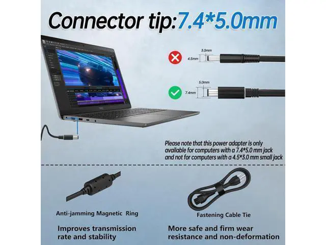 Alt view image 4 of 7 - 65W Watt 7.4mm Laptop Charger Fit for Dell Latitude 5580 5490 7490 E6430 E5470 5400 5500 5480 5590 7480 5290 7290 E6420 E7470 E5440 E7440 E7450 LA65NM130 19.5V 3.34A AC Adapter Power Cord
