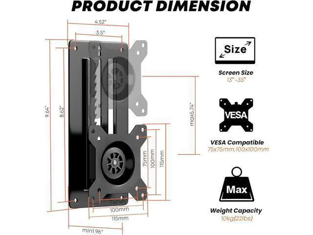 Alt view image 4 of 7 - PUTORSEN Premium Height Adjustable Monitor Wall Mount up to 35 inch Ultrawide Screens, Low Profile VESA Wall Mount Monitor Holds up to 22lbs, Full Motion Computer Monitor Mount Wall, VESA 75/100,Black