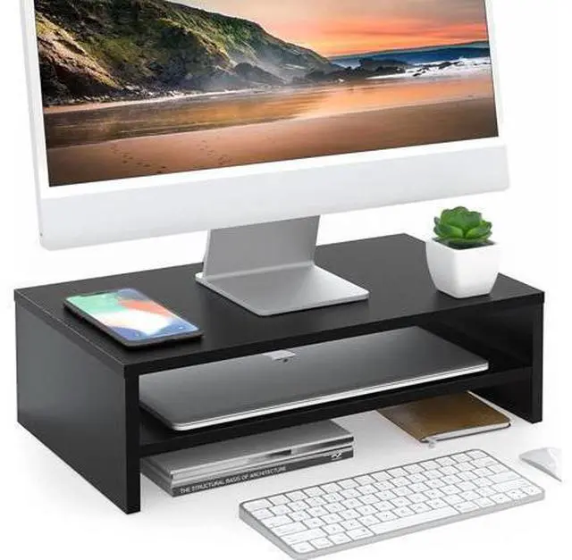 Main image of FITUEYES Monitor Stand - 2 Tier Computer Monitor Riser with 16.7 Inch Shelf, Wood Desktop Stand for Laptop Computer Screen, Desk Organization, Office Supplies,Black, DT204201WB