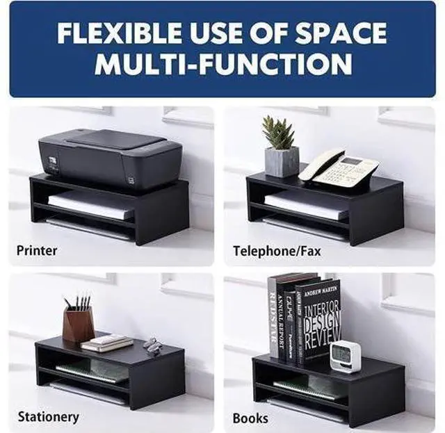 Alt view image 4 of 7 - FITUEYES Monitor Stand - 2 Tier Computer Monitor Riser with 16.7 Inch Shelf, Wood Desktop Stand for Laptop Computer Screen, Desk Organization, Office Supplies,Black, DT204201WB