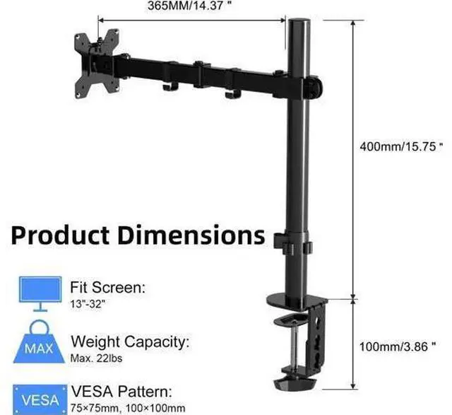 Alt view image 2 of 7 - Pholiten Single Monitor Arm,Single Monitor Desk Mount,Adjustable Monitor Arm,Single Mount Holds Screen Up to 22lbs,Monitor Desk Mount,100x100 Vesa Monitor Stand,Monitor Arm Mount