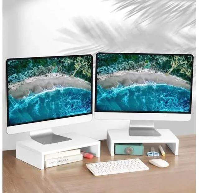 Alt view image 2 of 7 - TEAMIX White Monitor Stand Riser-2 Pack,Wood 2 Tier Adjustable Dual Monitor Riser for 2 Monitors/Laptop/PC Computer Stand for Desk