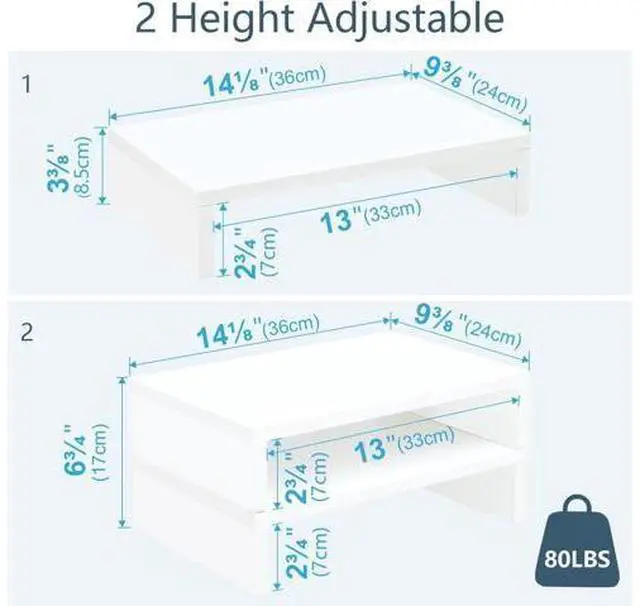 Alt view image 4 of 7 - TEAMIX White Monitor Stand Riser-2 Pack,Wood 2 Tier Adjustable Dual Monitor Riser for 2 Monitors/Laptop/PC Computer Stand for Desk
