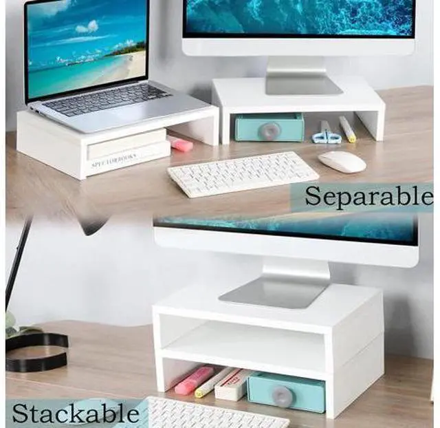 Alt view image 3 of 7 - TEAMIX White Monitor Stand Riser-2 Pack,Wood 2 Tier Adjustable Dual Monitor Riser for 2 Monitors/Laptop/PC Computer Stand for Desk