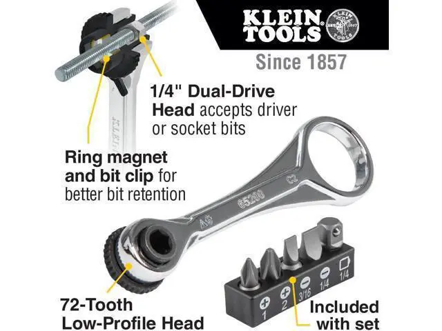 Alt view image 2 of 7 - Klein Tools 65200 Ratchet Set, 5-Piece Mini Ratchet Set with Phillips, Slotted, and Adapter for Other Socket Sizes, For Tight Spaces