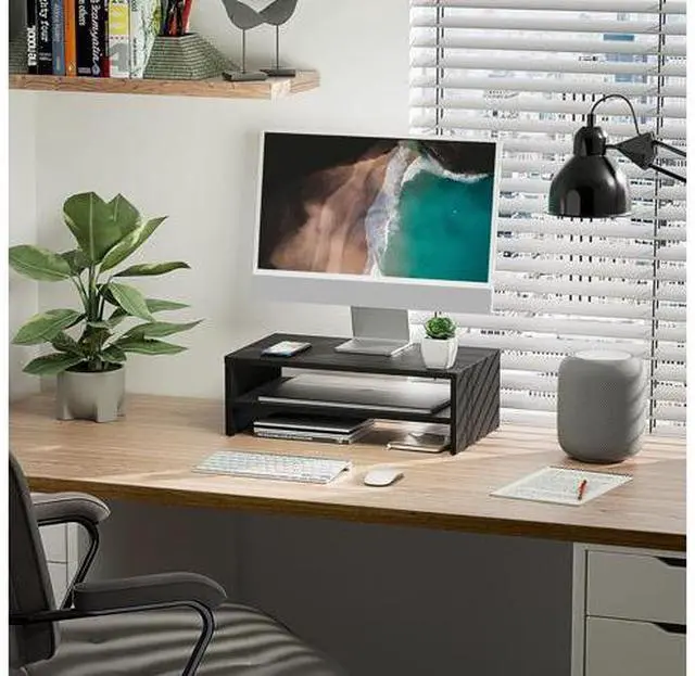 Alt view image 2 of 7 - FITUEYES Monitor Stand - 2 Tier Computer Monitor Riser with 16.7 Inch Shelf, Wood Desktop Stand for Laptop Computer Screen, Desk Organization, Office Supplies,Black, DT204201WB