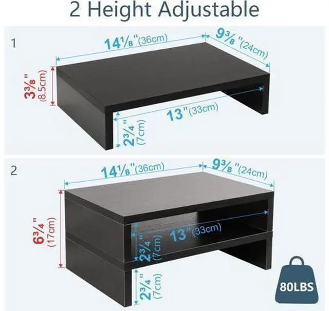 Alt view image 5 of 7 - TEAMIX 2-Tier Wood Monitor Stand Riser for 2 Monitors, Laptops, and PCs - Black, 2 Pack
