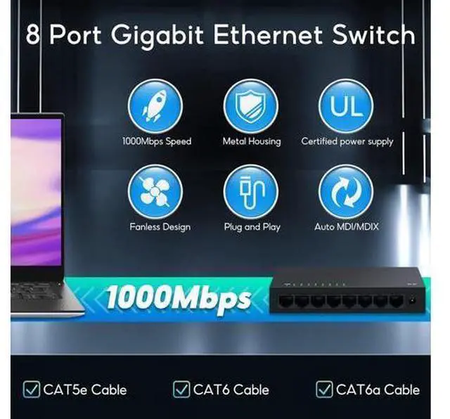 Alt view image 3 of 7 - SODOLA 8 Port Gigabit Ethernet Switch|Desktop/Wall-Mount|Plug & Play| Fanless |Metal Housing|Fanless Design|Desktop Ethernet Splitter|Quiet Unmanaged Network Switch