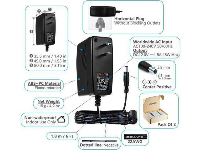 Alt view image 2 of 7 - CHANZON 12V 1.5A UL Listed 18W AC DC Switching Power Supply Adapter (Input 100-240V, Output 12 Volt 1.5 Amp, 6Ft Cord, 18 Watt) Wall Wart Transformer Charger for DC12V Security CCTV Camera (2-Pack)