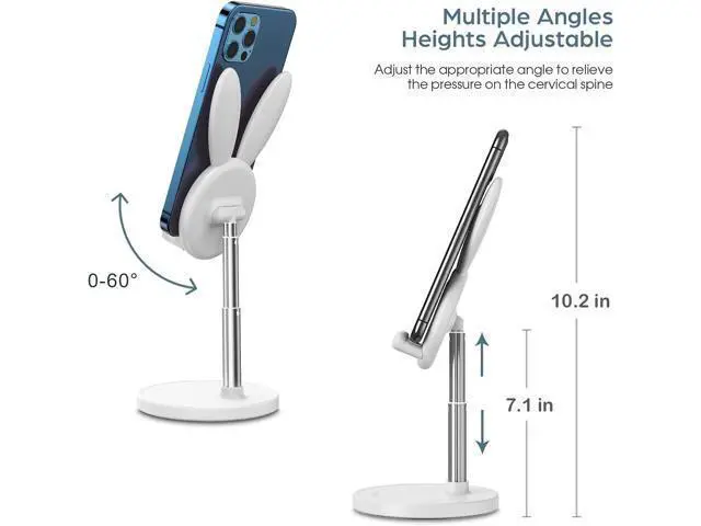 Alt view image 4 of 7 - OATSBASF Cute Cell Phone Stand, Adjustable Bunny Phone Stand for Desk, Thick Case Friendly Holder Compatible with iPhone, Kindle, iPad, Switch, All Phones (White)