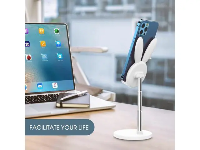 Alt view image 6 of 7 - OATSBASF Cute Cell Phone Stand, Adjustable Bunny Phone Stand for Desk, Thick Case Friendly Holder Compatible with iPhone, Kindle, iPad, Switch, All Phones (White)