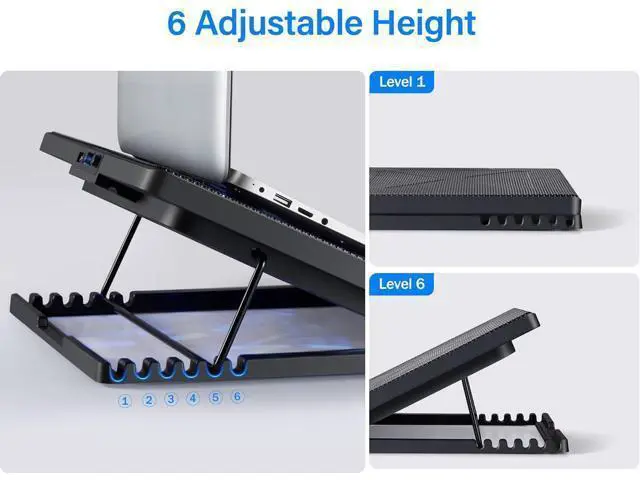 Alt view image 3 of 7 - Kootek Laptop Cooling Pad, Laptop Cooler with 5 Quiet Fans for 12"-17" Computer PC Notebook Gaming Laptop Fan, Height Adjustable Laptop Cooling Stand Laptop Accessories, Blue
