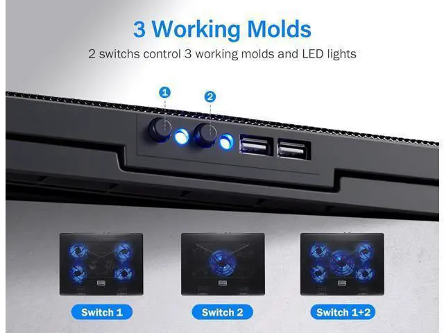 Alt view image 4 of 7 - Kootek Laptop Cooling Pad, Laptop Cooler with 5 Quiet Fans for 12"-17" Computer PC Notebook Gaming Laptop Fan, Height Adjustable Laptop Cooling Stand Laptop Accessories, Blue