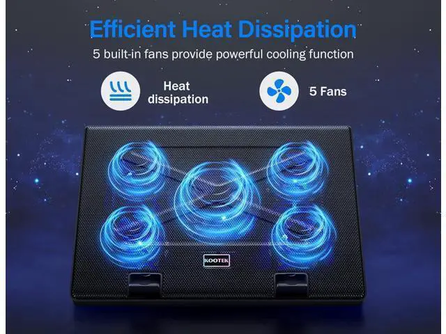 Alt view image 2 of 7 - Kootek Laptop Cooling Pad, Laptop Cooler with 5 Quiet Fans for 12"-17" Computer PC Notebook Gaming Laptop Fan, Height Adjustable Laptop Cooling Stand Laptop Accessories, Blue