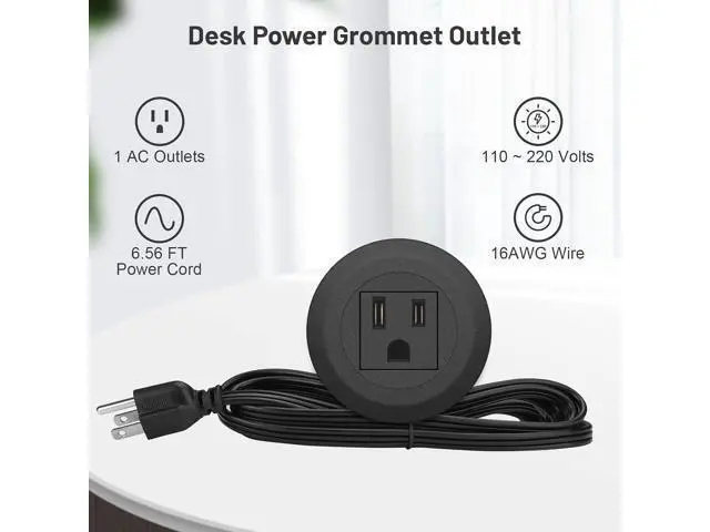 Alt view image 2 of 7 - Mini Desktop Power Hub Grommet Socket, Flush-Mount Desk Outlet Build-in 1 US Standard Outlet with 6.56 FT Extension Power Cord, Recessed Power Strip Socket for Desk Nightstand Cabinet Counter