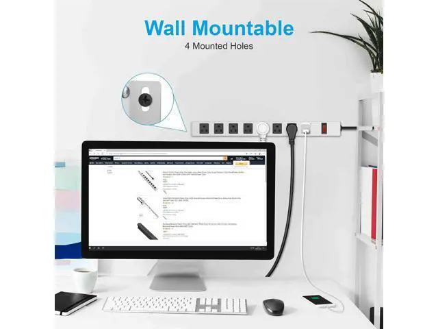 Alt view image 2 of 7 - JUNNUJ Metal 8 Outlet Power Strip, Mountable Heavy Duty Power Strip, 1200J Surge Protector Wall Mount Screws Outlet with Switch, Gaming Desk Strips Wide Spaced 15A 125V 1875W, 6 FT 14AWG Power Cord