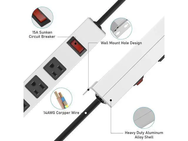 Alt view image 7 of 7 - JUNNUJ Metal 8 Outlet Power Strip, Mountable Heavy Duty Power Strip, 1200J Surge Protector Wall Mount Screws Outlet with Switch, Gaming Desk Strips Wide Spaced 15A 125V 1875W, 6 FT 14AWG Power Cord