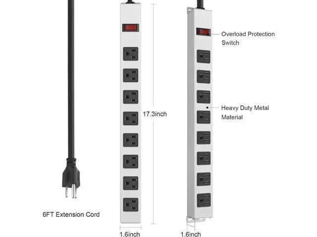 Alt view image 6 of 7 - JUNNUJ Metal 8 Outlet Power Strip, Mountable Heavy Duty Power Strip, 1200J Surge Protector Wall Mount Screws Outlet with Switch, Gaming Desk Strips Wide Spaced 15A 125V 1875W, 6 FT 14AWG Power Cord